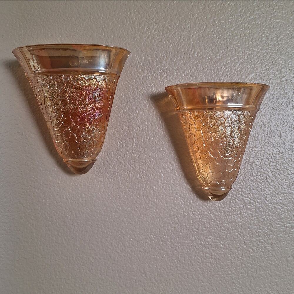 Vintage Jeanette Marigold Orange Carnival Fan Shape Glass Wall Pockets Set of 2